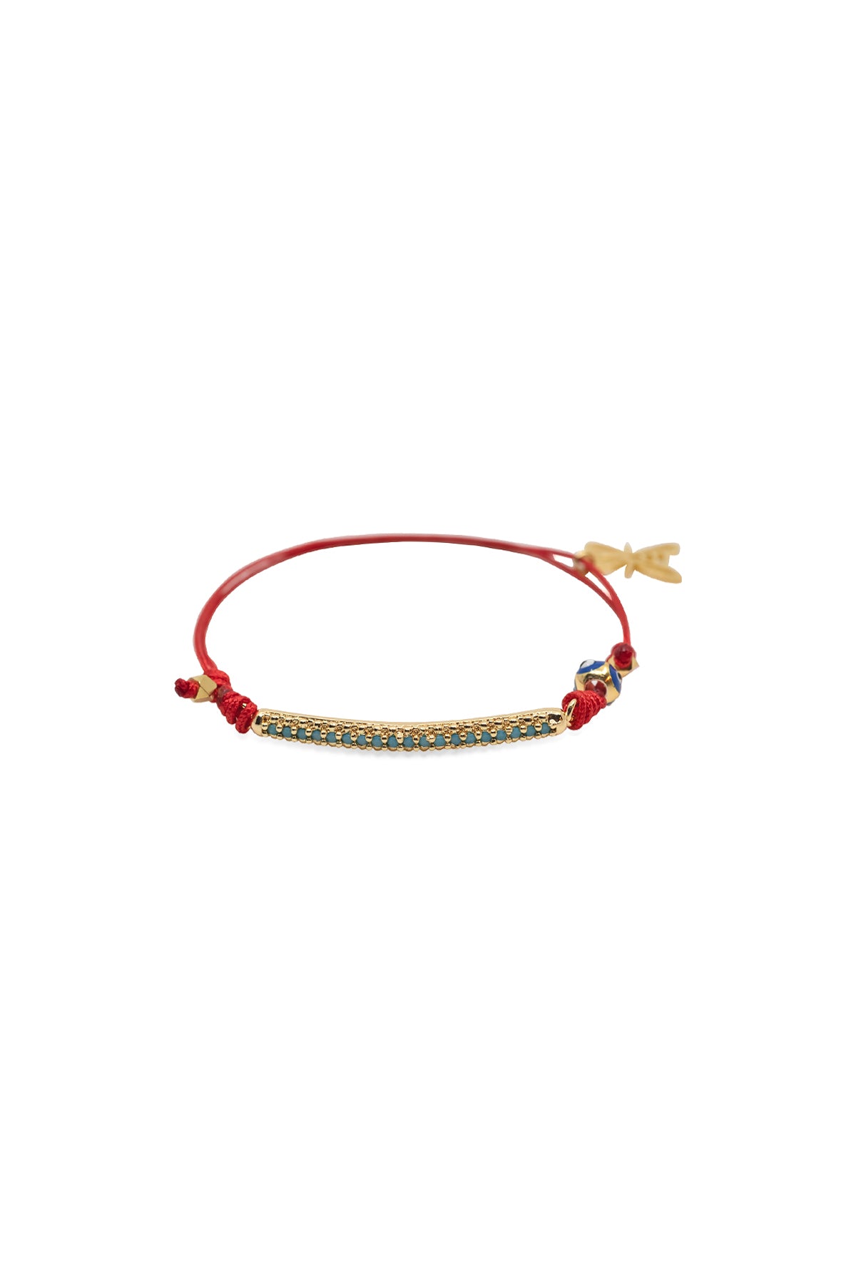 Bracelet with red cord and colorful beads on a white background