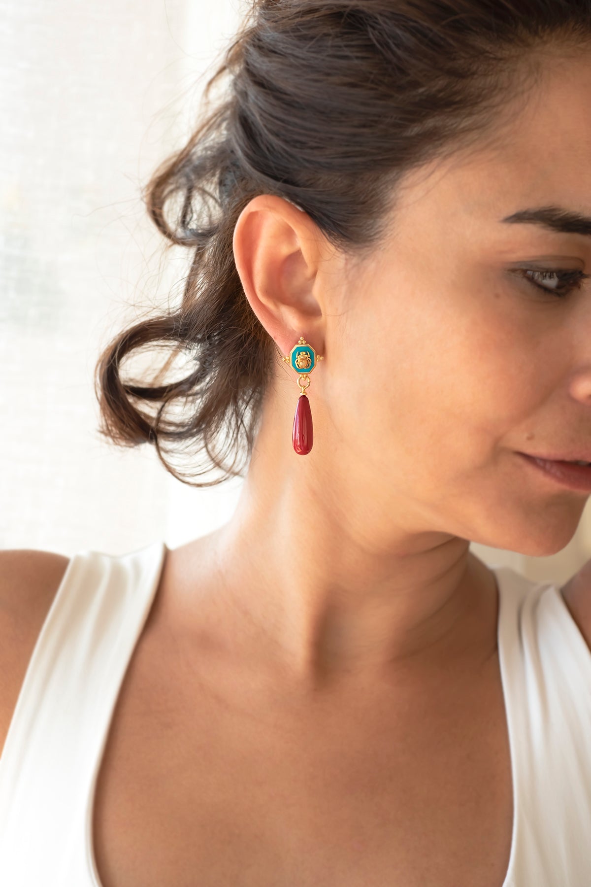 SCARAZURE – Turquoise Scarab & Red Pearl Earrings