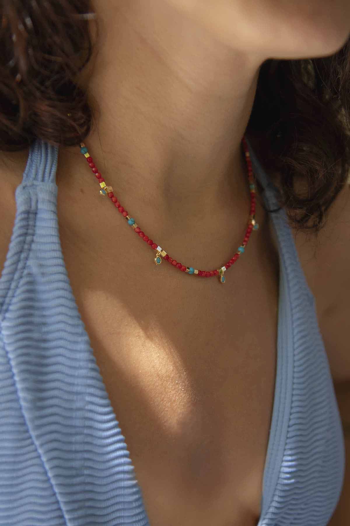 LISBON – Red Coral & Turquoise Accent Necklace