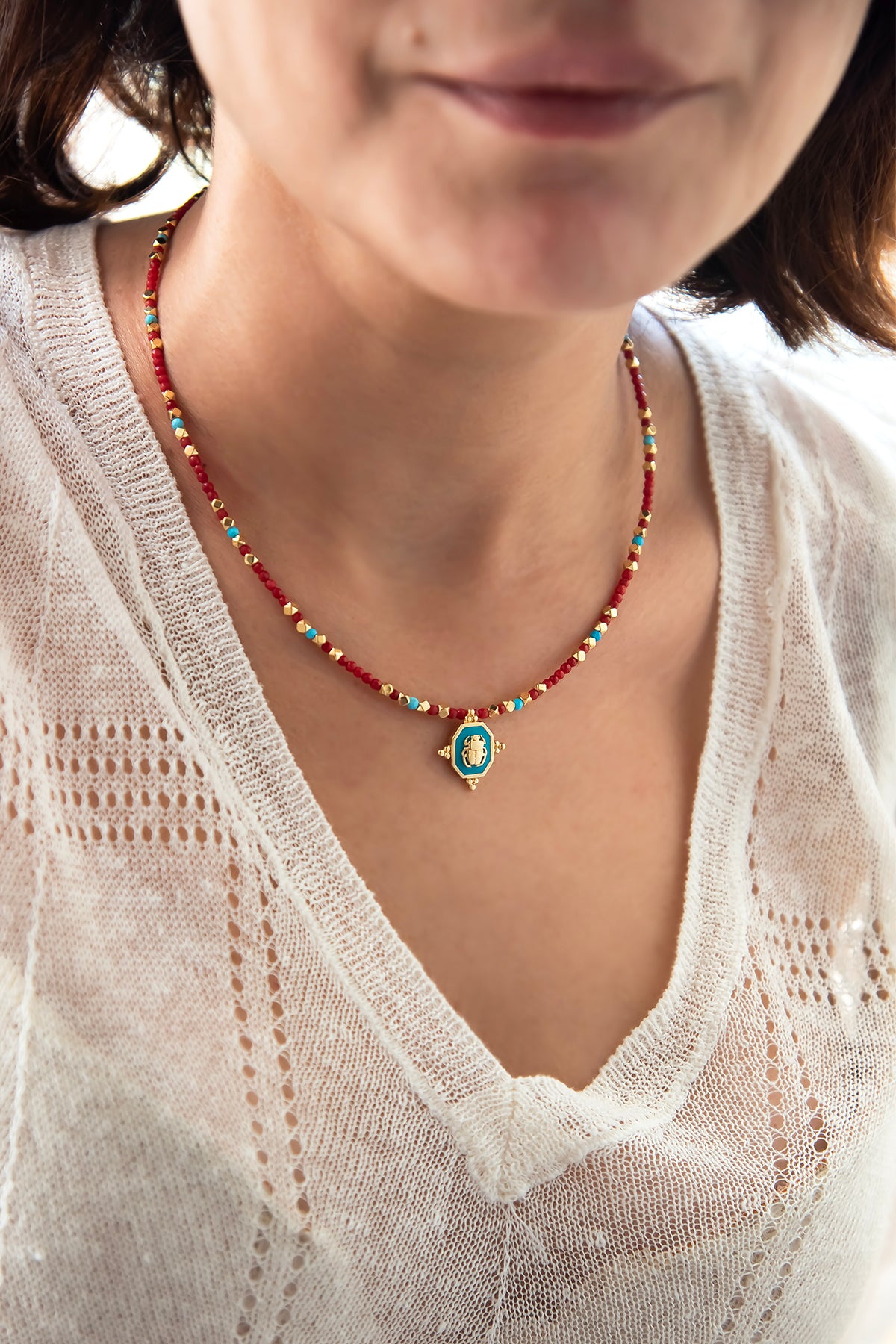 SCARAZURE – Turquoise Scarab Coral Necklace