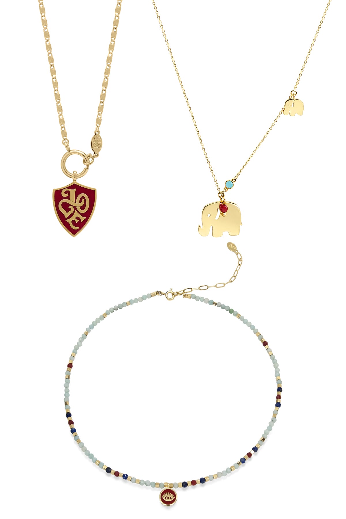 SAVANNAH – Elephant, Evil Eye & Red Medallion Necklace Set