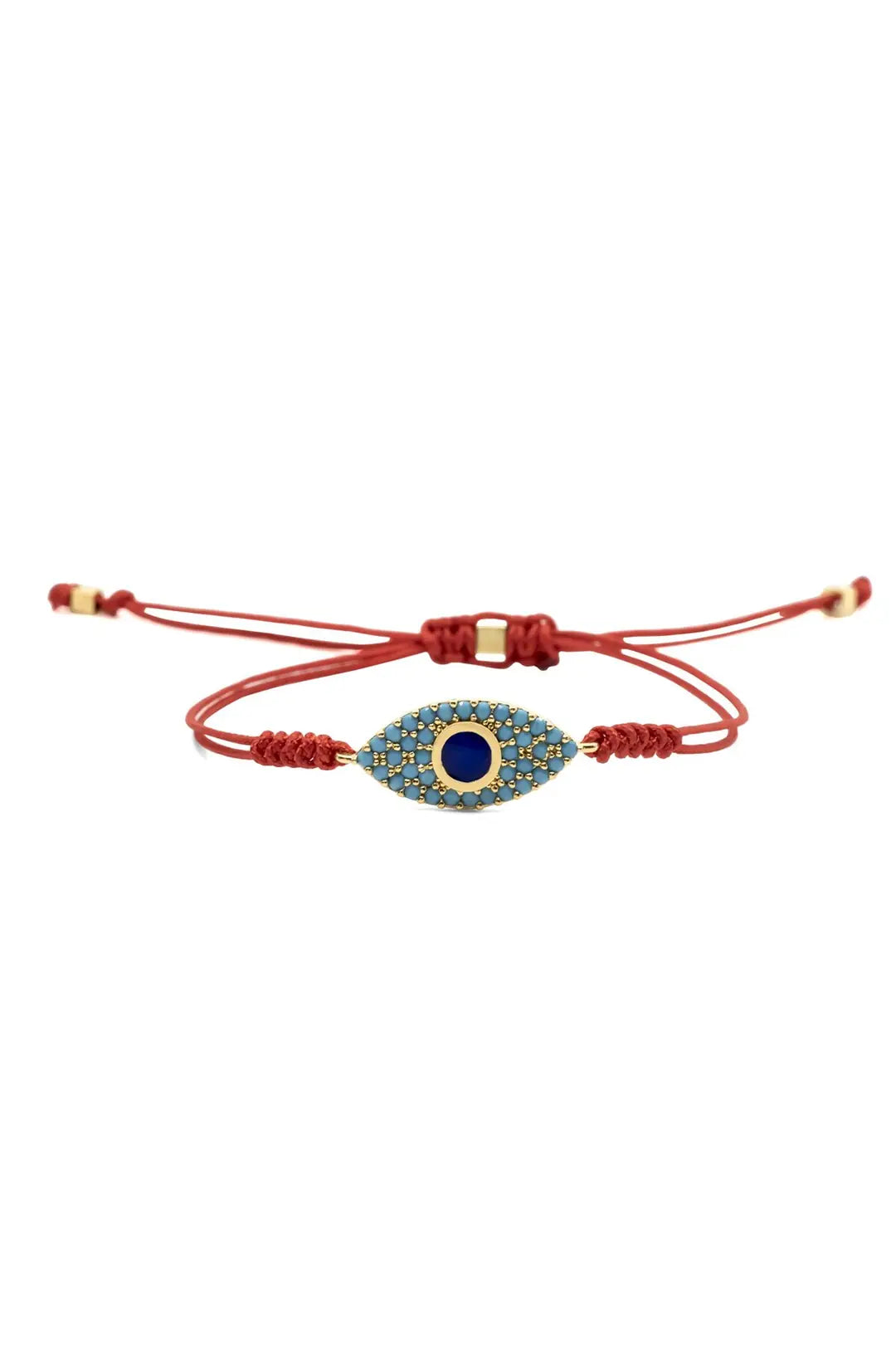 Red string bracelet with a blue evil eye charm on a white background
