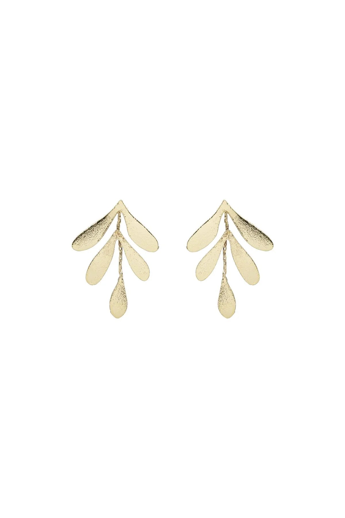 Gold leaf-shaped earrings on a white background