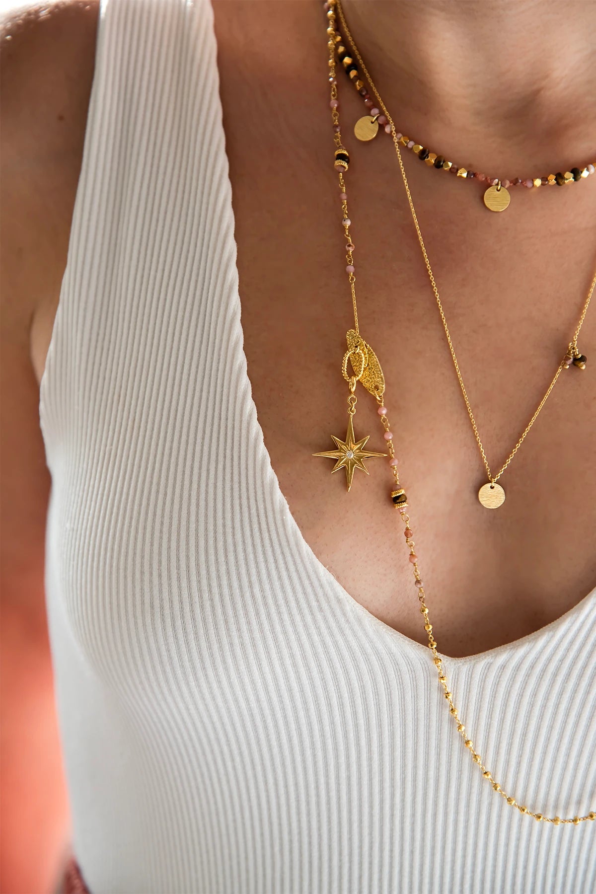 SHINY POLE β Star Pendant & Natural Stone Layered Necklace Set
