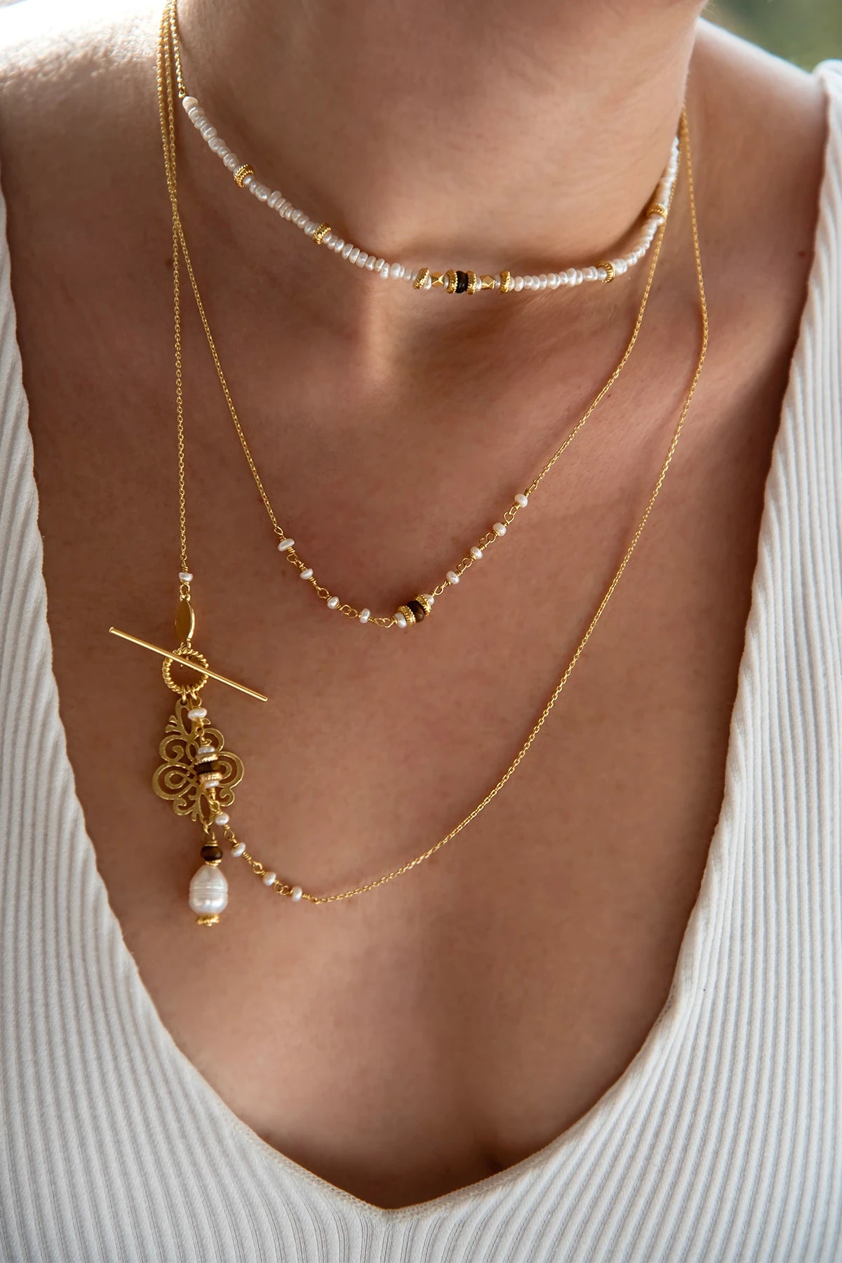 ETHNIC HARMONY β Natural Stone & Pearl Layered Necklace Set