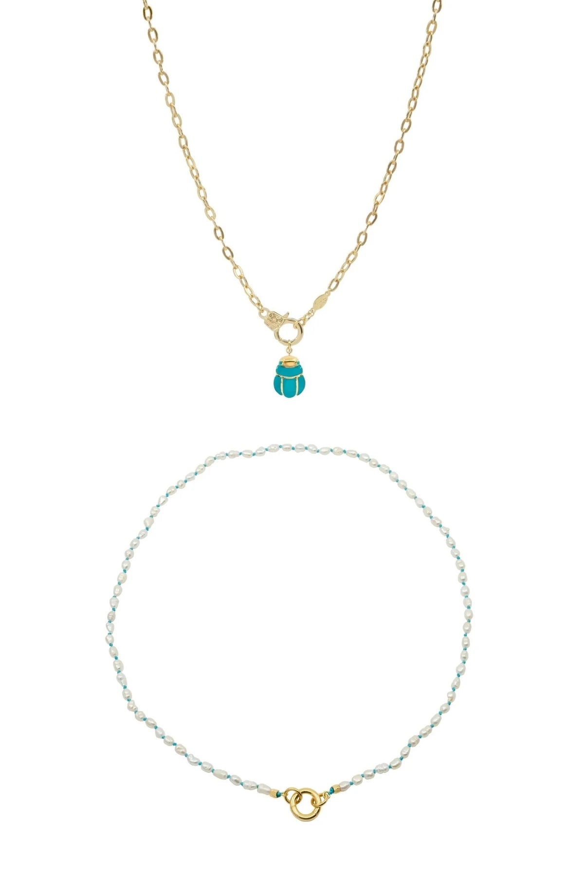 CUTIE HIP BLUE – Layered Pearl & Charm Necklace Set