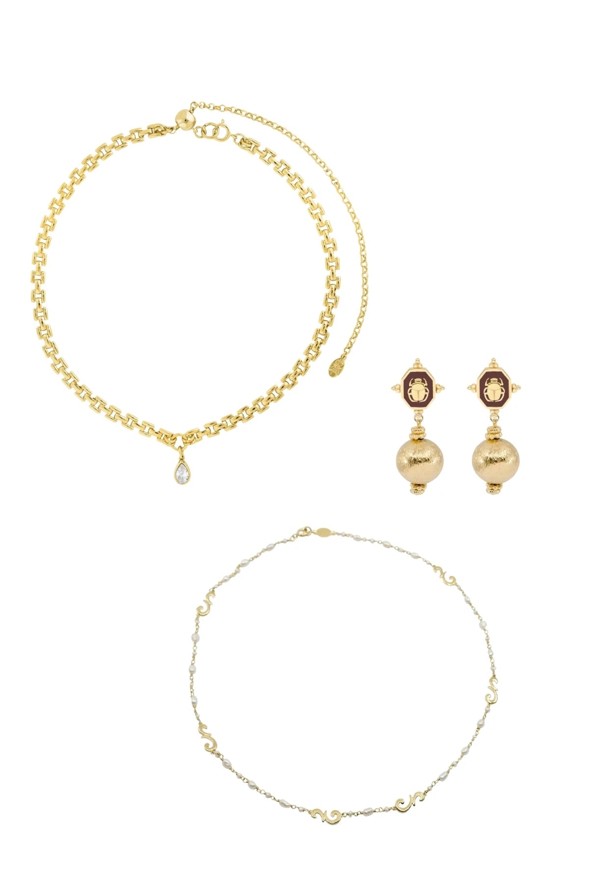 SCARABURG – Pearl Necklace & Scarab Earring Set