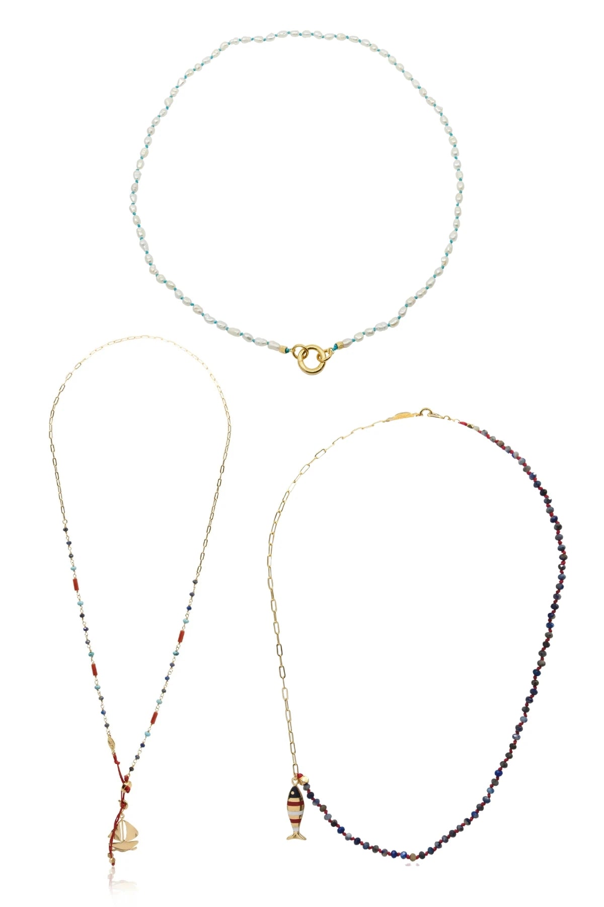 SAIL WITH ME – Sailboat & Pearl Layered Necklace Set