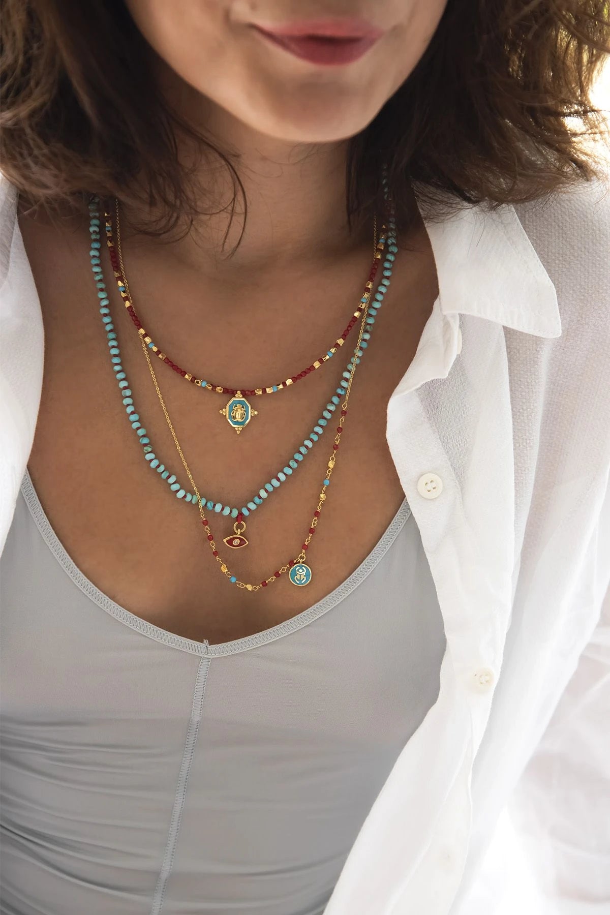 SACRED BEE – Coral & Turquoise Layered Necklace Set