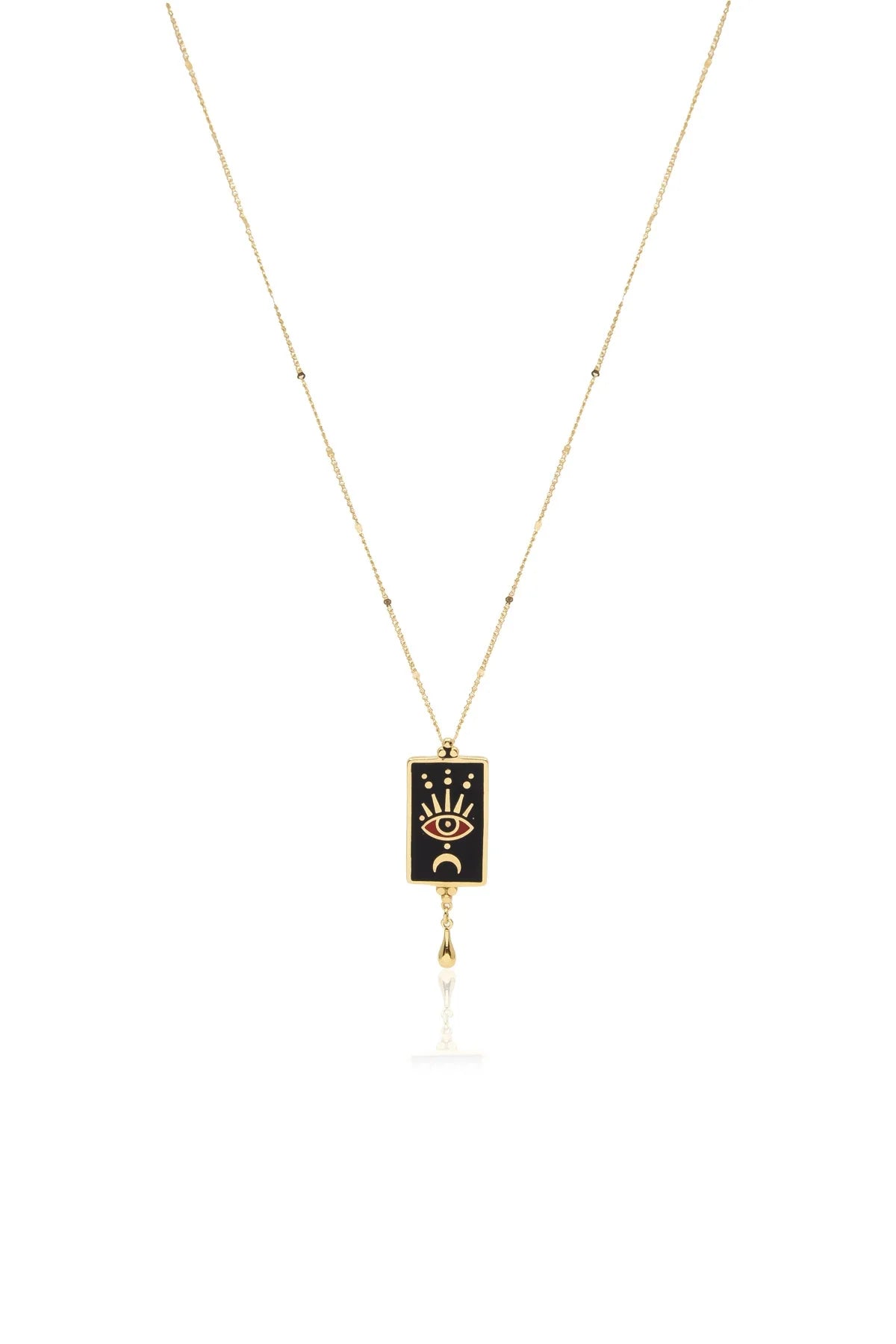 Necklace with a pendant featuring an eye design on a white background