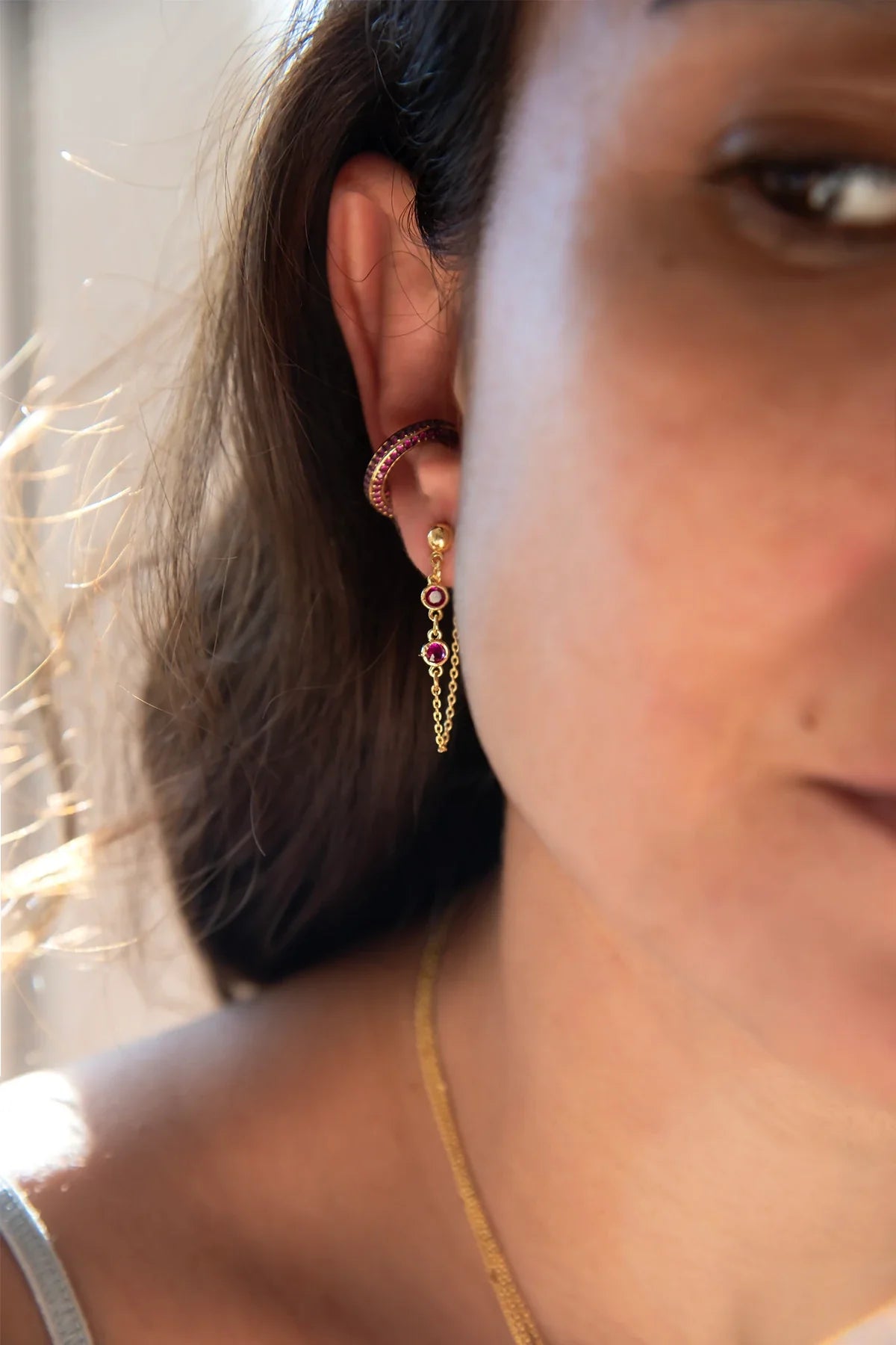 RITA – Ruby Red CZ Chain Drop Earrings