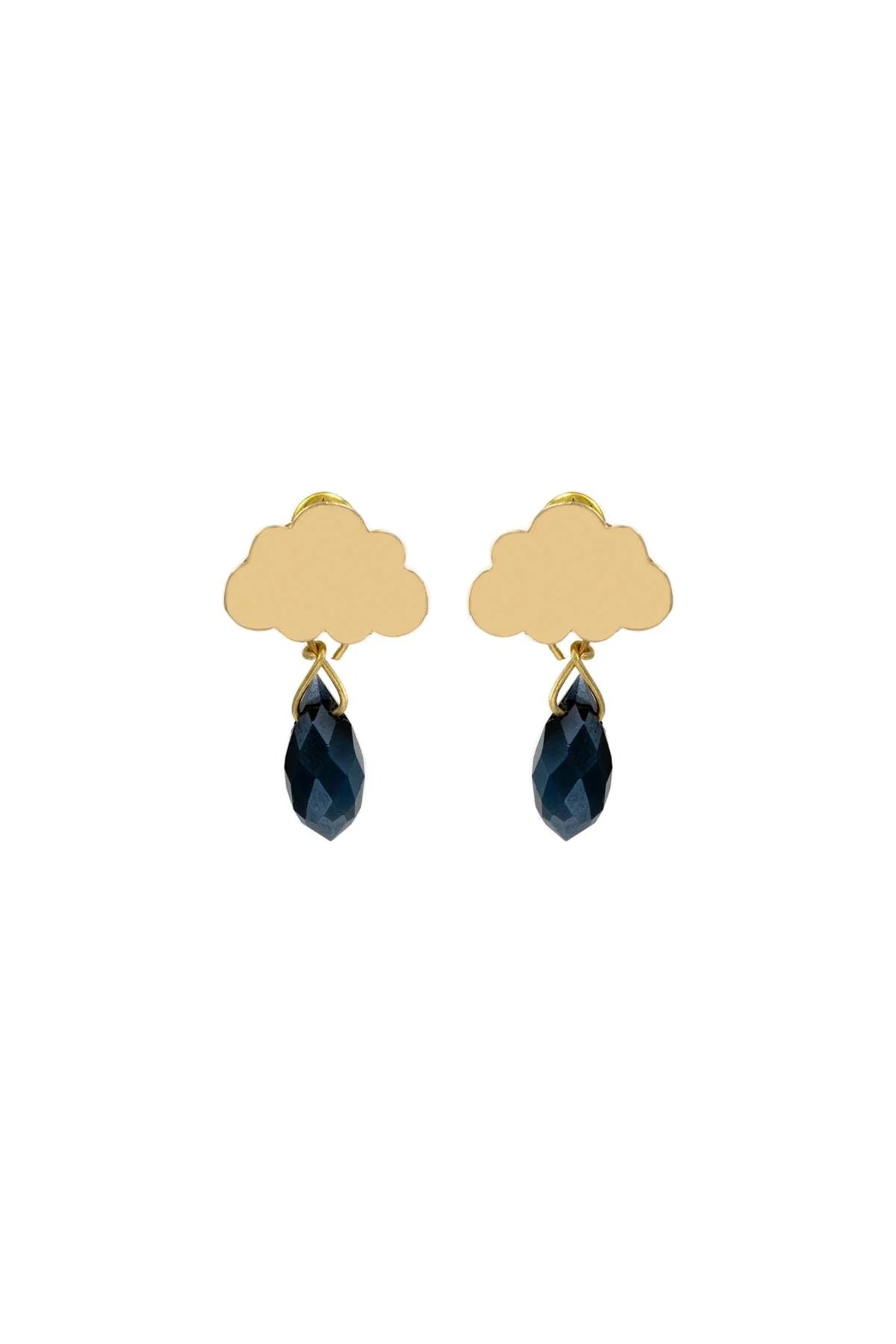 Gold earrings with cloud-shaped tops and dark blue teardrop-shaped drops on a white background
