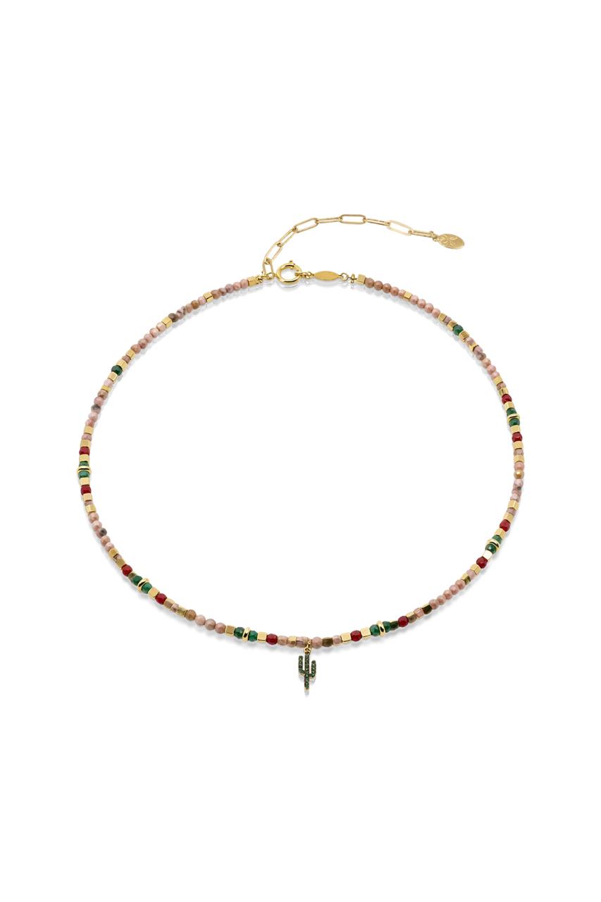 Multicolored beaded necklace with a small pendant on a white background