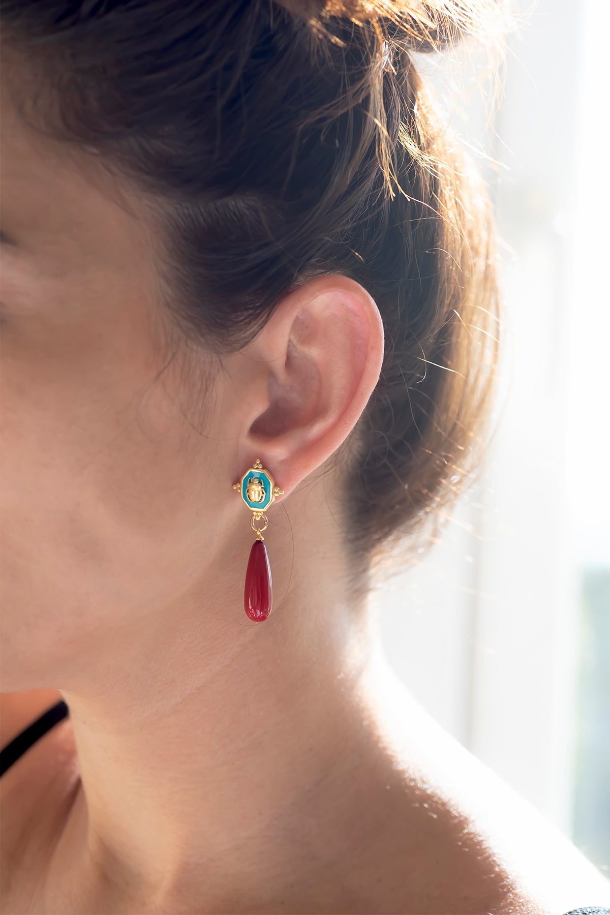 SCARAZURE – Turquoise Scarab & Red Pearl Earrings