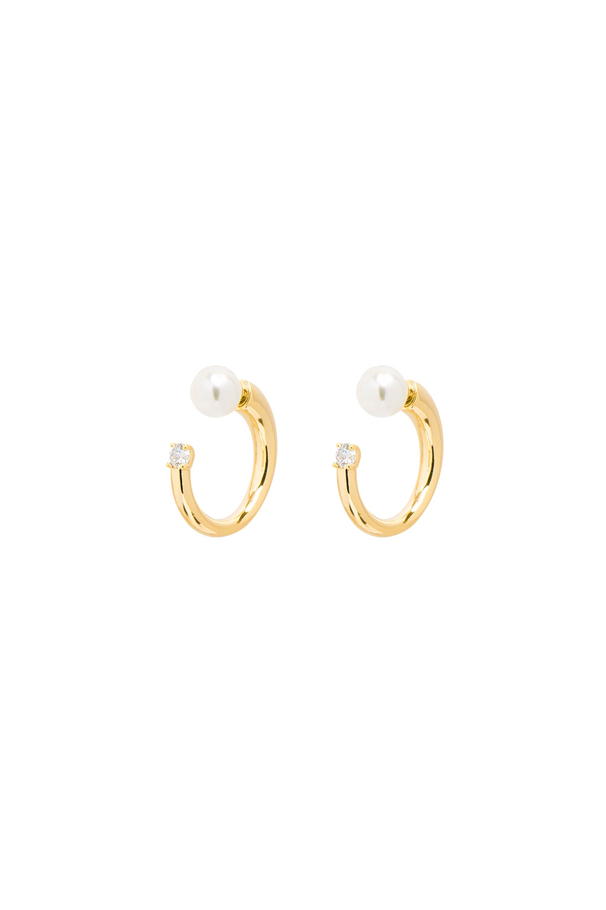 Gold hoop earrings with pearl accents on a white background