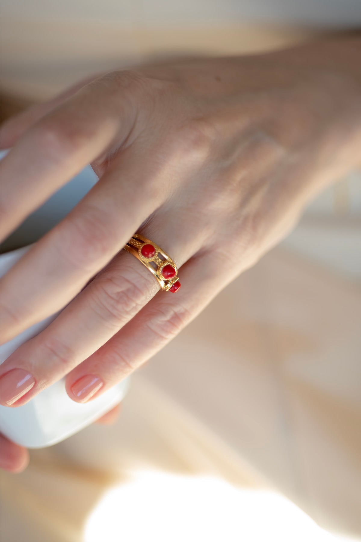 REINA RED – Red Coral Triple-Band Ring