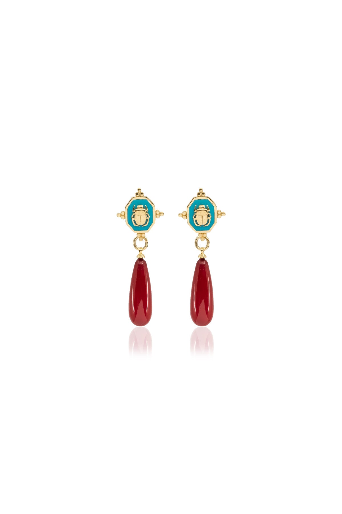 SCARAZURE – Turquoise Scarab & Red Pearl Earrings