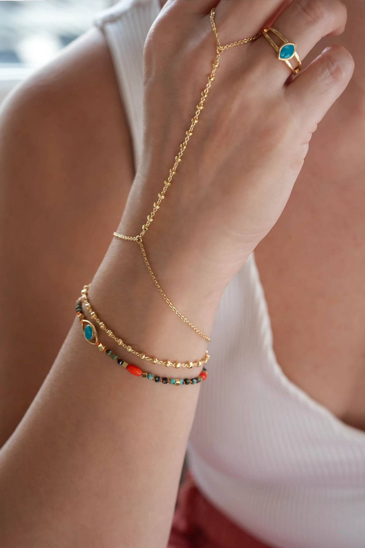 MINI BALLS – Gold Hand Chain & Turquoise Bracelet Set