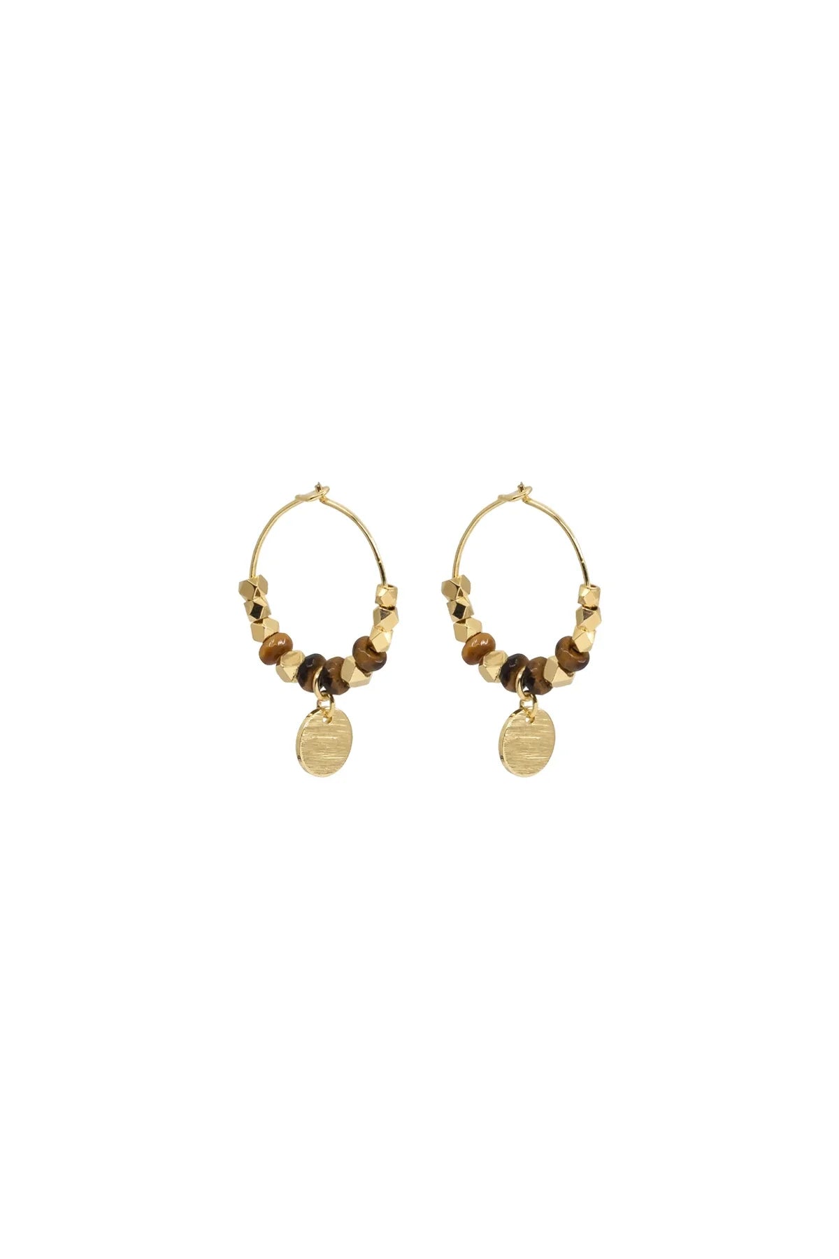 Pair of gold hoop earrings with beaded accents on a white background