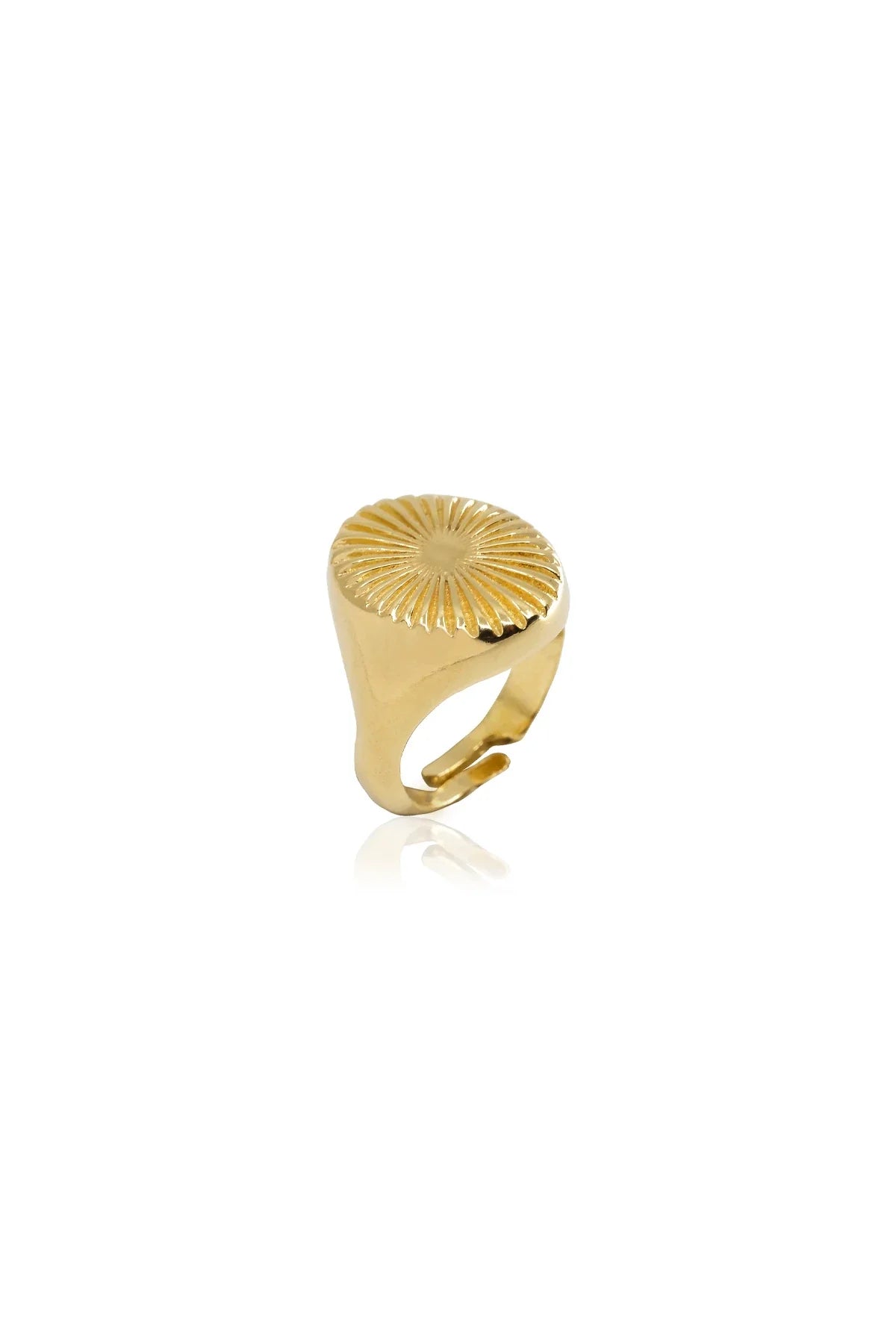 Gold ring with a sunflower design on a white background
