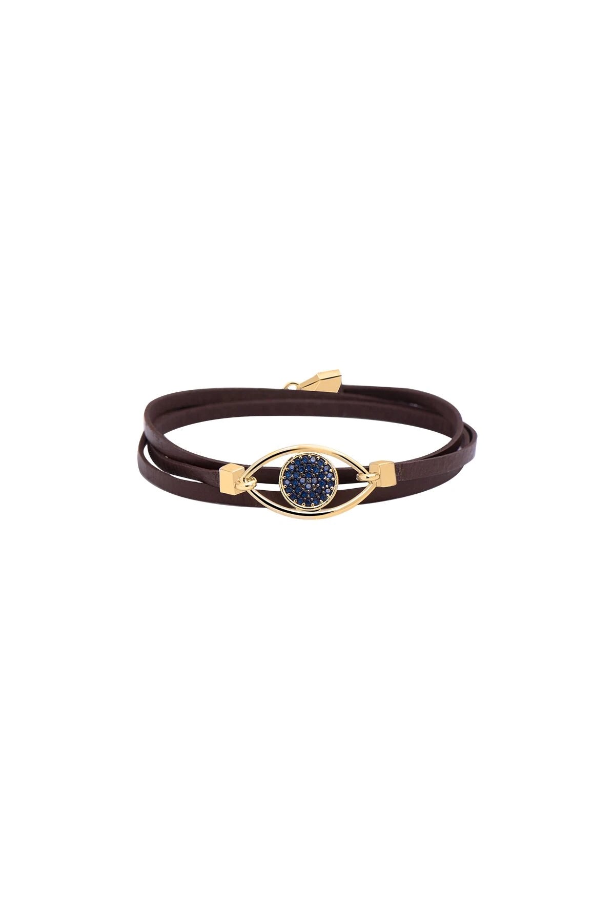Brown leather bracelet with gold clasp and blue gemstone on a white background
