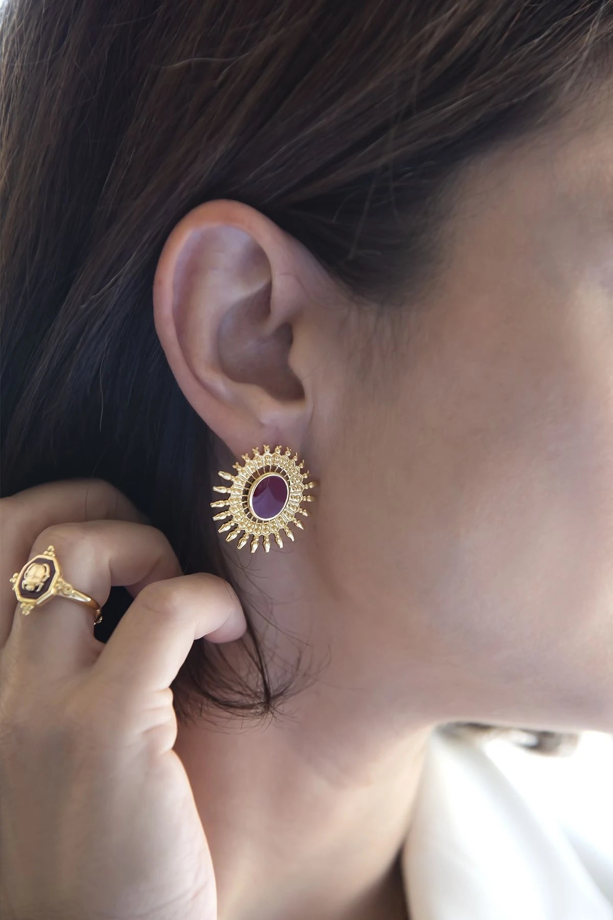 RED SUN – Burgundy Enamel Earring & Scarab Ring Set