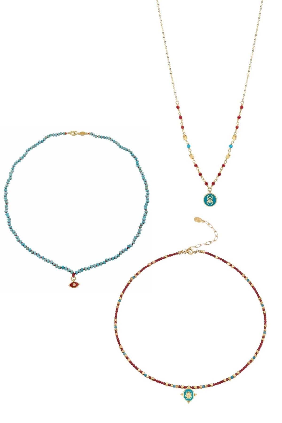 SACRED BEE – Coral & Turquoise Layered Necklace Set