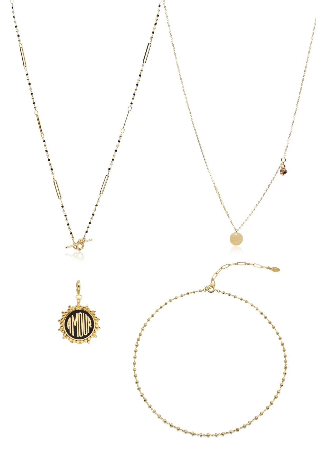 CHARMING AMOUR – Layered Gold & Black Charm Necklace Set