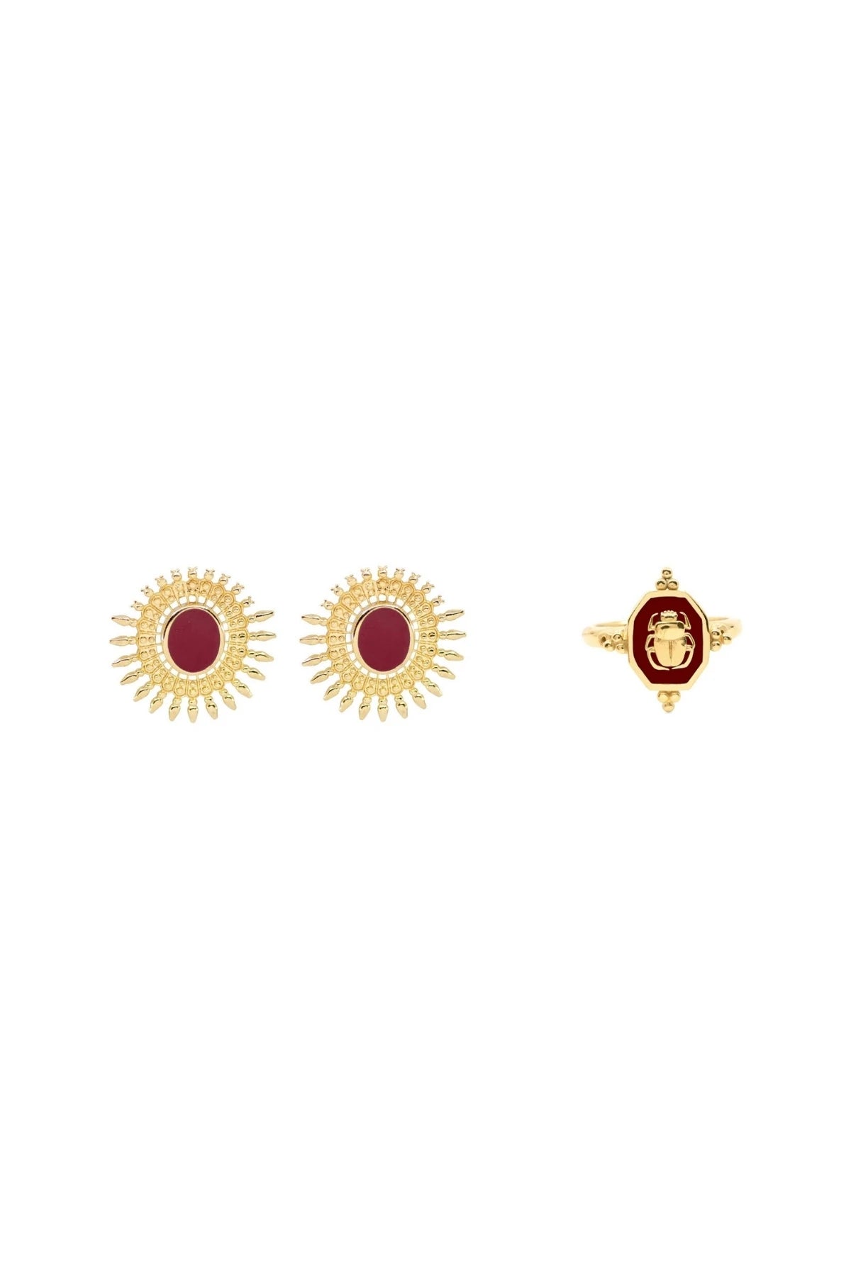 RED SUN – Burgundy Enamel Earring & Scarab Ring Set